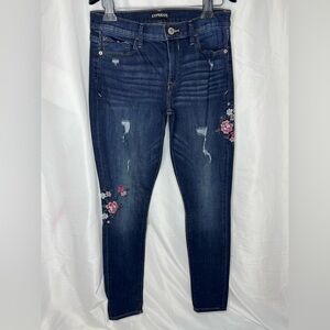 Express Blue Skinny Jeans with Floral Embroidery